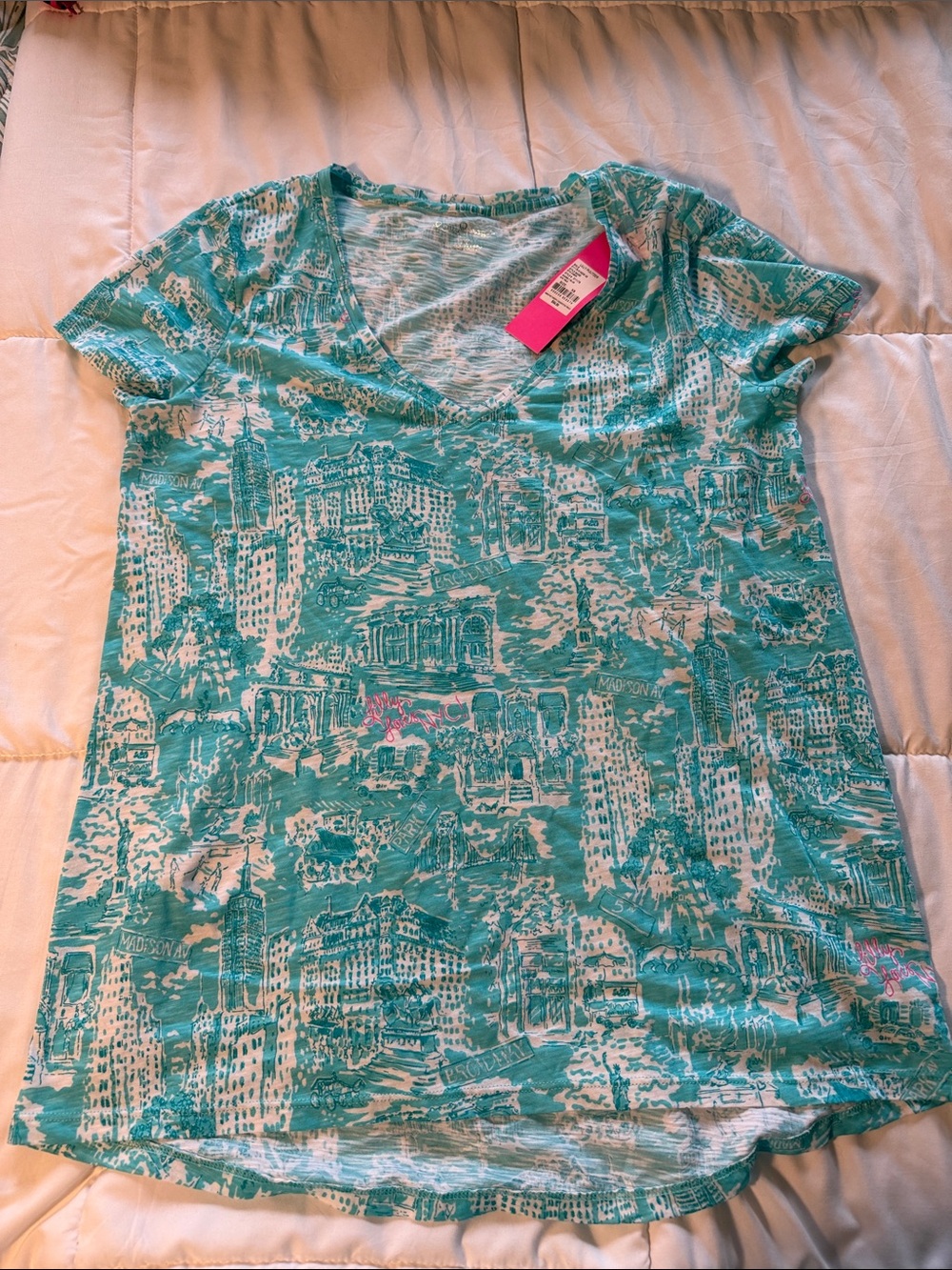 Women’s V-Neck Short Sleeve Top in Teal and White Lilly Pulitzer